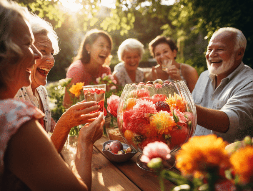 Punch festif préparé pour une grande réception avec fruits et boissons