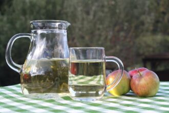 Verre de cidre pétillant avec des bulles et des tranches de pomme fraîche