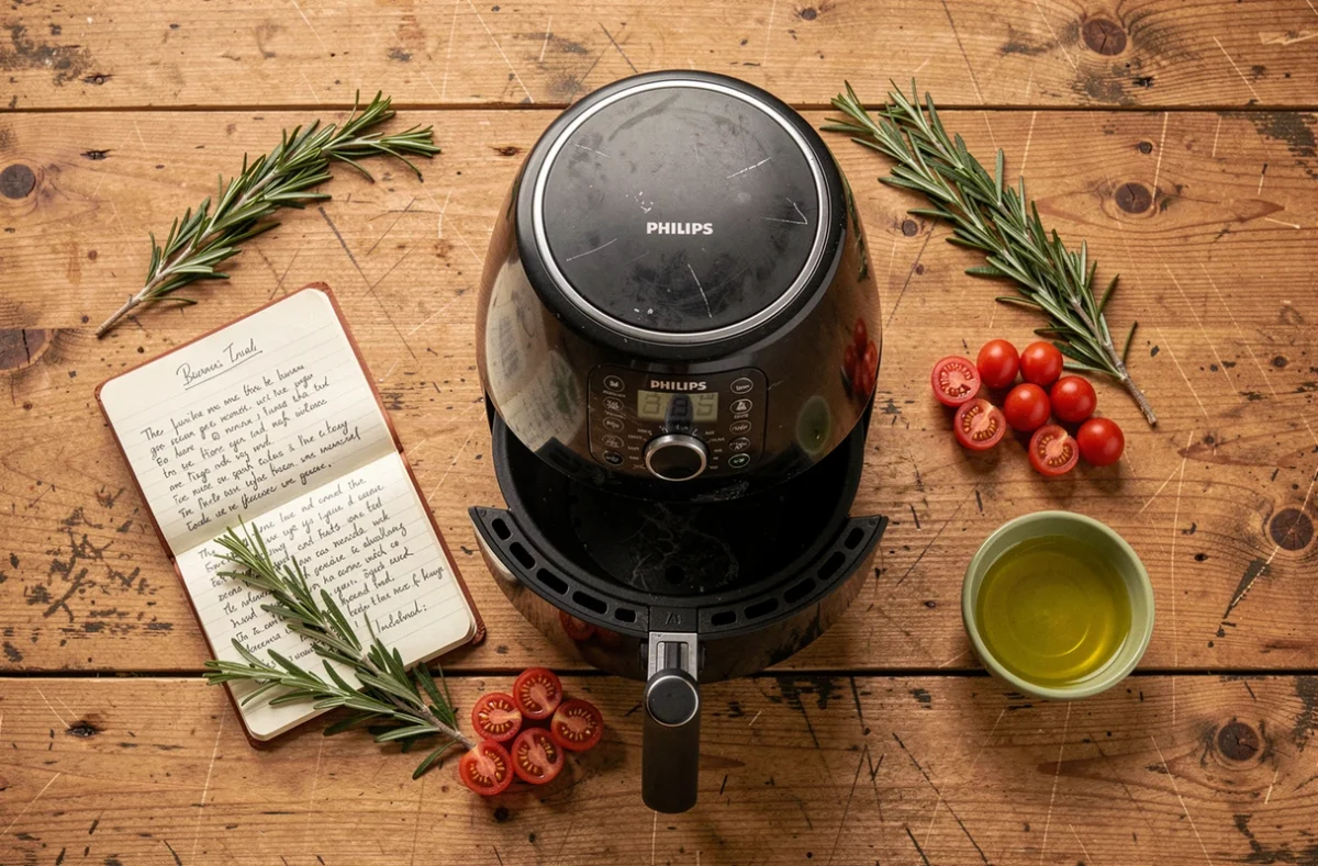 Airfryer Philips ouvert avec cahier de recettes, herbes fraîches et tomates cerises sur une table en bois rustique