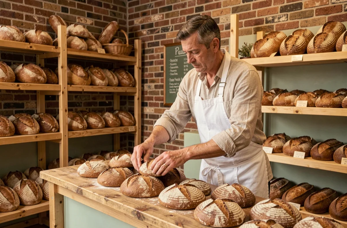 Boulanger bio arrangeant des pains au levain dans la boulangerie Alex Croquet à Lille