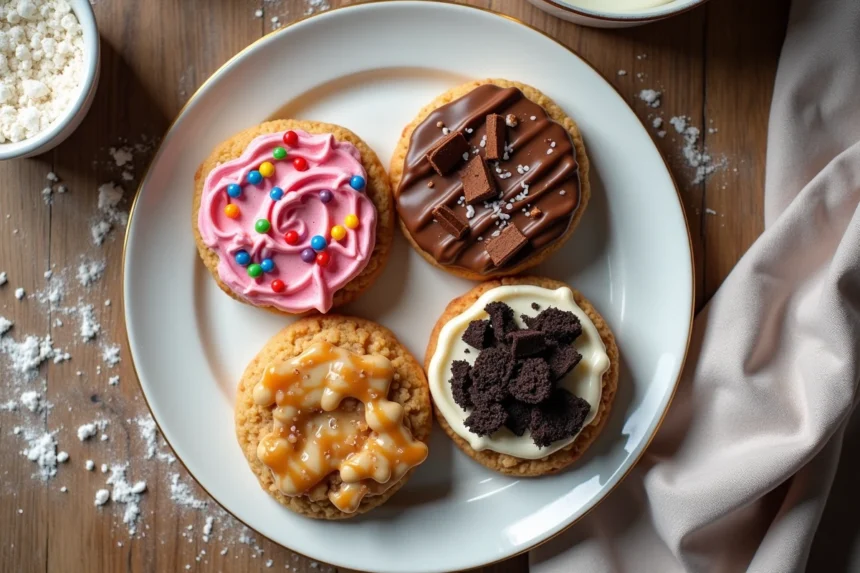Quatre gros cookies gourmets avec glaçage rose, chocolat fondu, caramel et Oreos sur une assiette en céramique blanche, style alternatives Crumbl Cookie en France