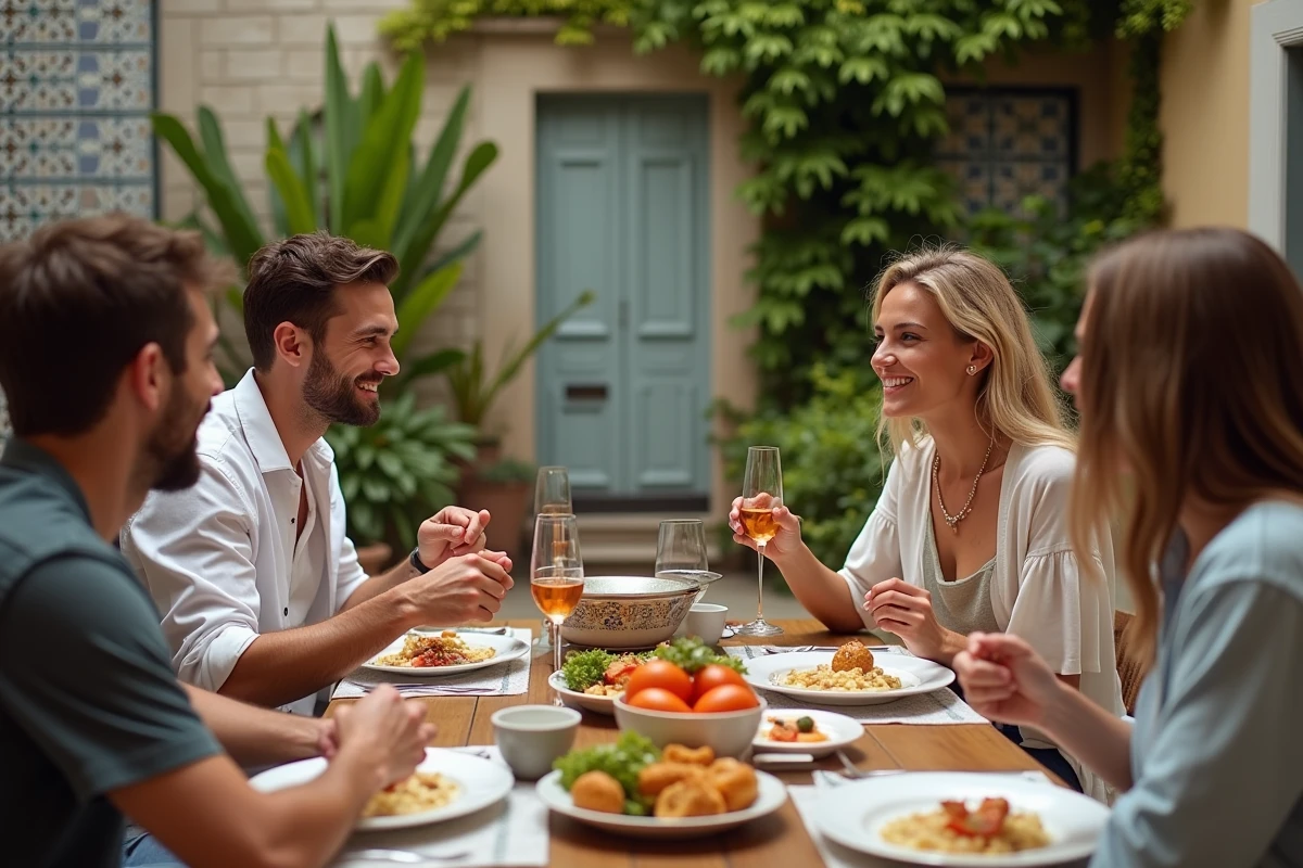 Groupe d amis partageant une cataplana en extérieur à Lisbonne