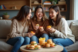 Trois jeunes adultes rient autour d'un apéritif convivial