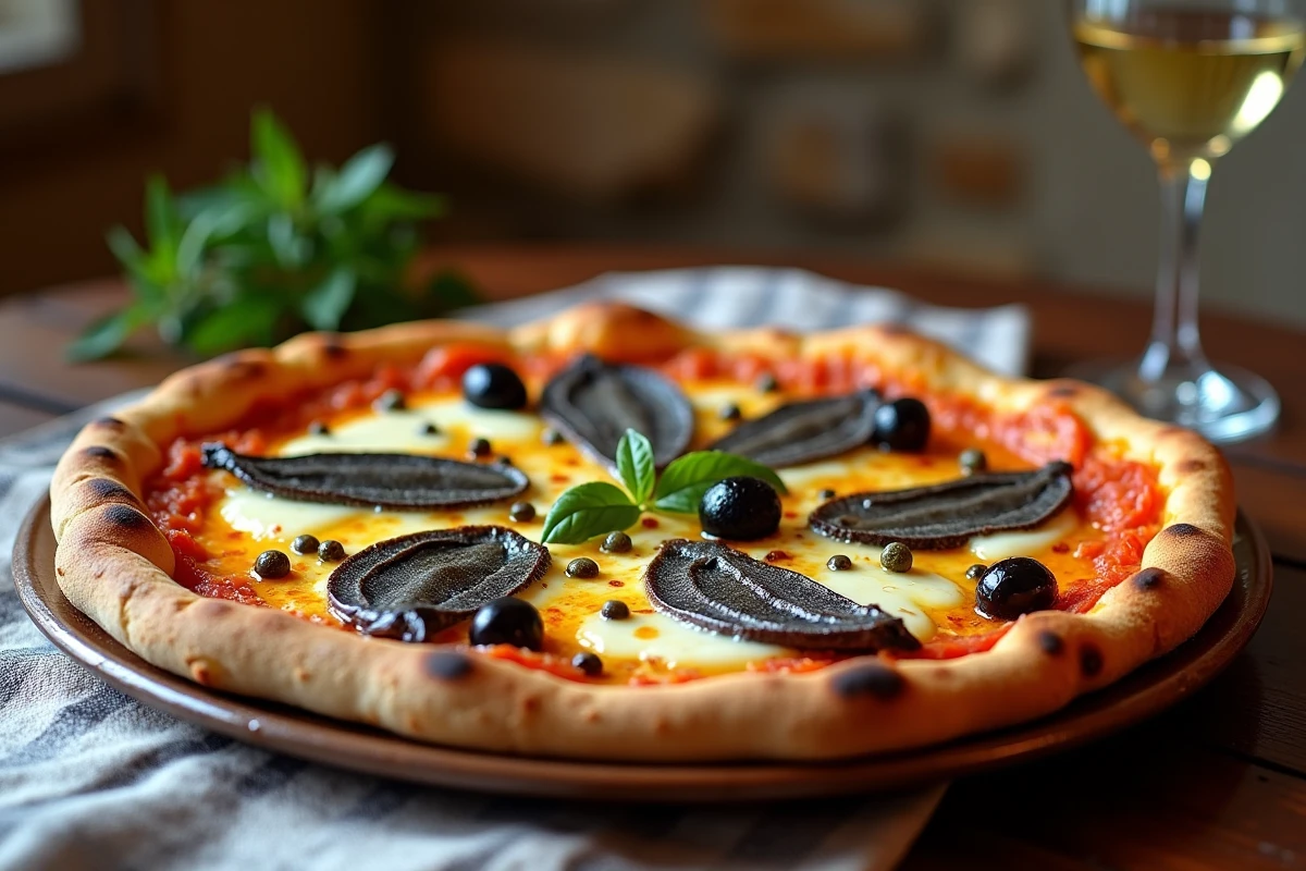 Pizza Napoletana garnie d'anchois marinés brillants, d'olives noires et de câpres sur une croûte fine