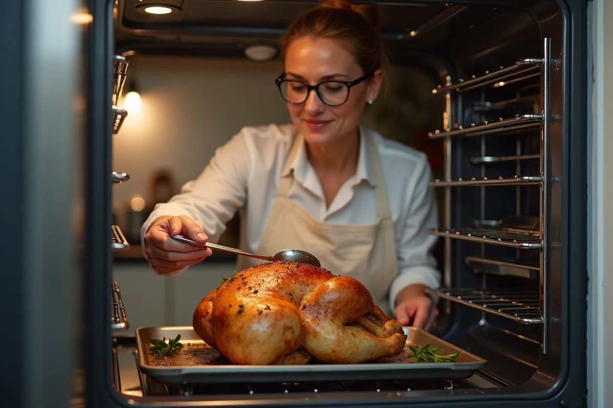 Femme arrosant un poulet entier de 1,5 kg en cours de cuisson au four avec le jus de cuisson