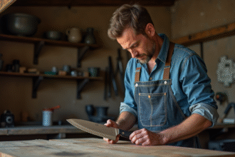 Artisan européen inspectant un couteau de chef fait main