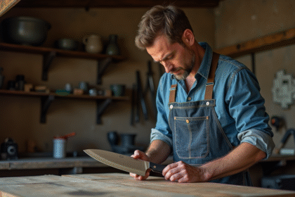 Artisan européen inspectant un couteau de chef fait main