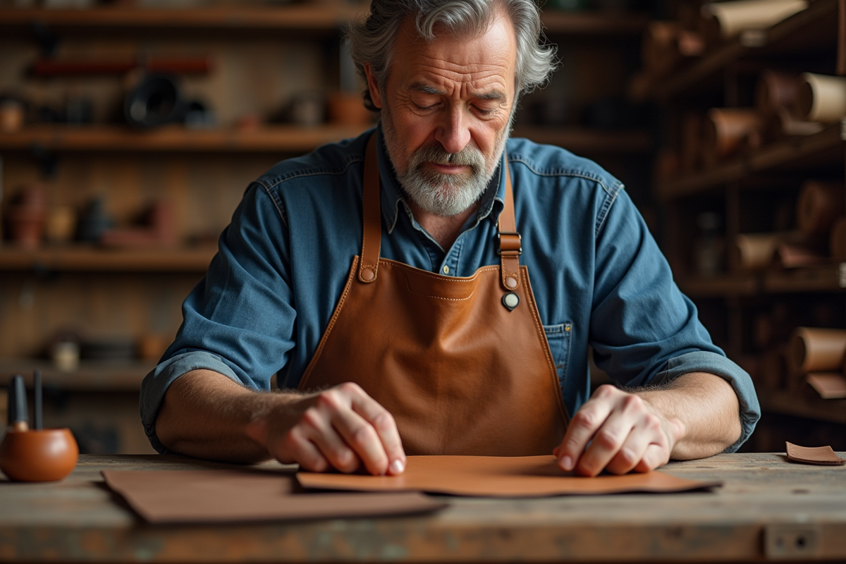 Artisan homme en atelier examinant du cuir authentique