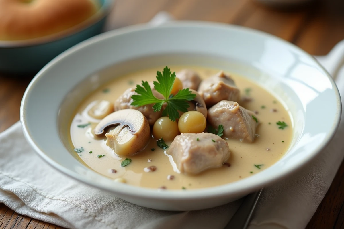 Assiette de blanquette de veau maison avec sauce veloutée crémeuse et champignons