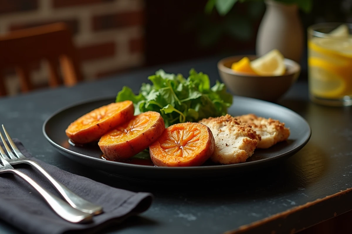 Assiette complète de dîner avec patate douce caramélisée et tranches de poulet doré sur une table en ardoise
