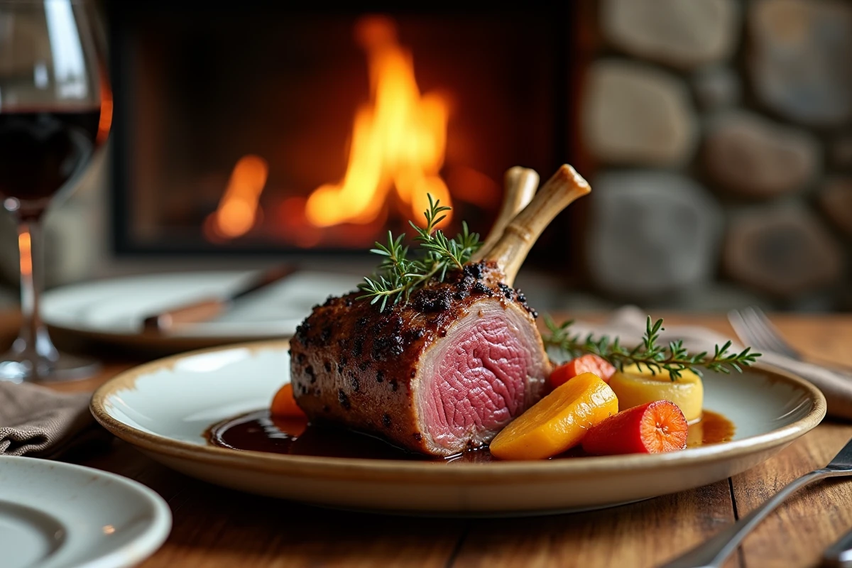 Assiette de gigot de chevreuil tranché avec jus de gibier et légumes rôtis sur table en bois de chêne
