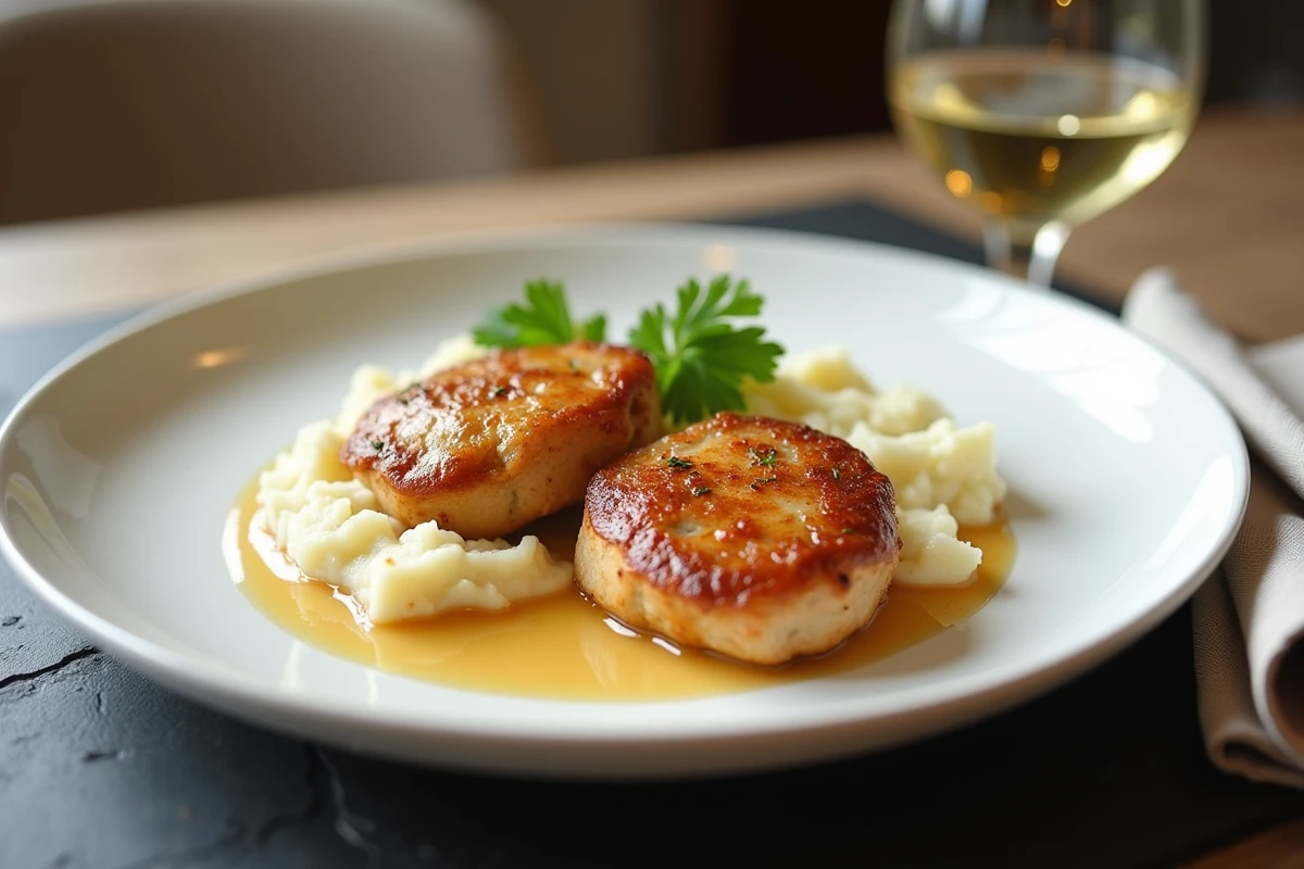 Assiette de paupiettes de porc au four servies avec purée et sauce dorée pour un dîner fait maison