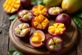 Sélection de fruits exotiques tranchés mangosteen et maracuja sur une table en bois