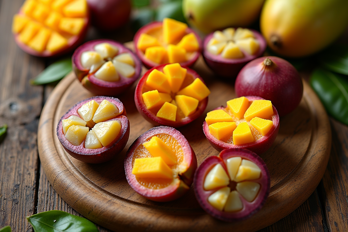 Sélection de fruits exotiques tranchés mangosteen et maracuja sur une table en bois