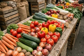 Assortiment de légumes frais sur une table en bois de marché fermier, avec carottes, courgettes, poireaux et tomates disposés naturellement