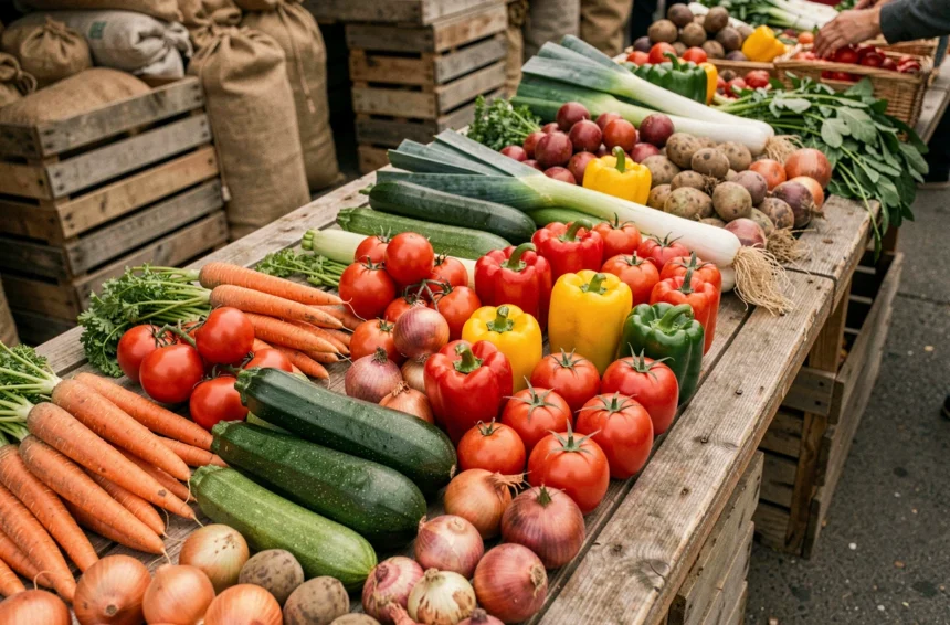 Assortiment de légumes frais sur une table en bois de marché fermier, avec carottes, courgettes, poireaux et tomates disposés naturellement