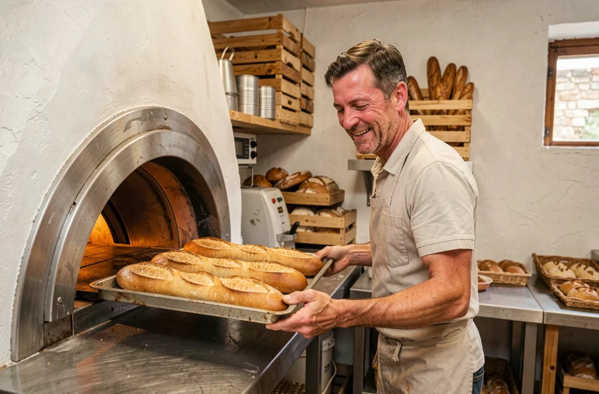Julien sortant des baguettes du four dans la boulangerie Au Fournil de Julien à Souchez