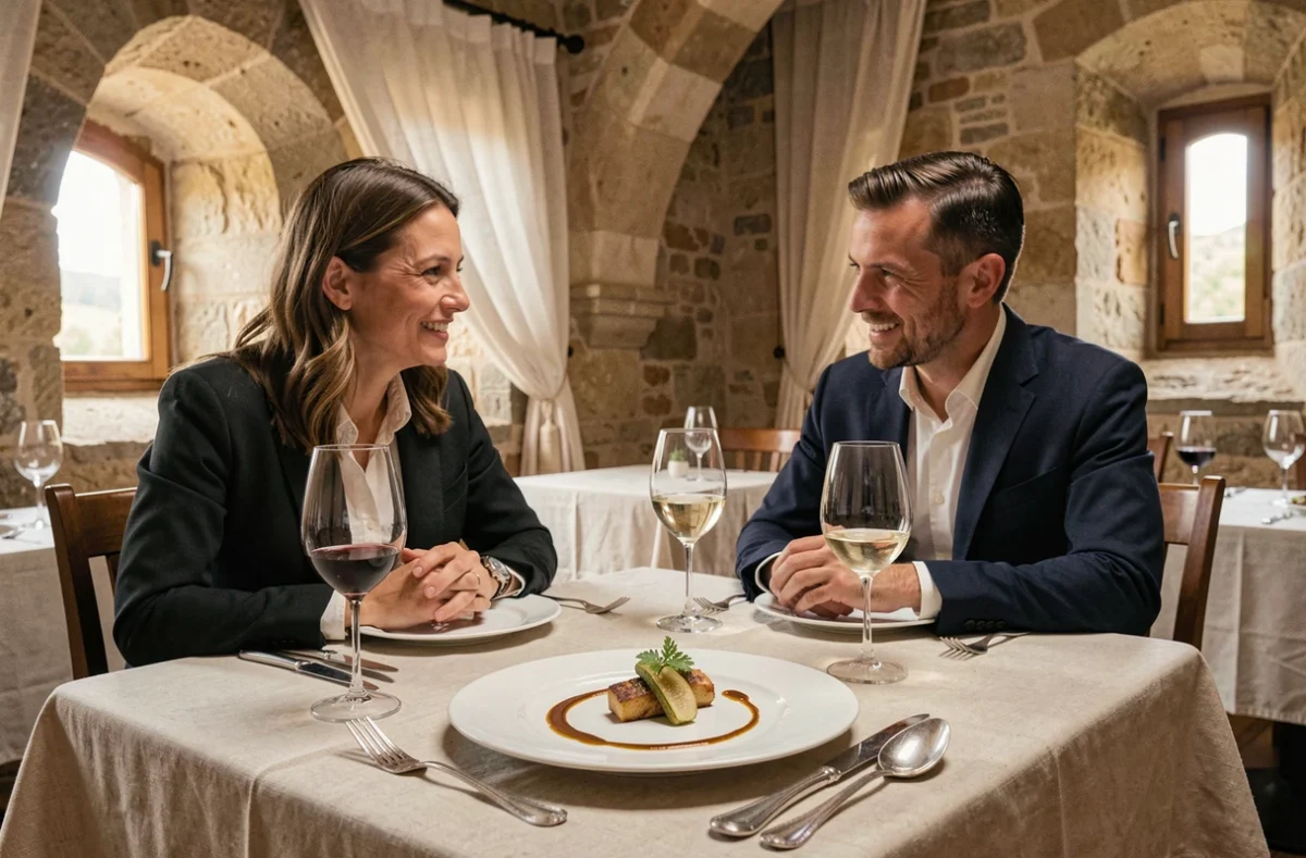 Salle voûtée en pierre de L'Auberge du Vieux Puits à Fontjoncouse avec assiette étoilée Michelin et dressage raffiné