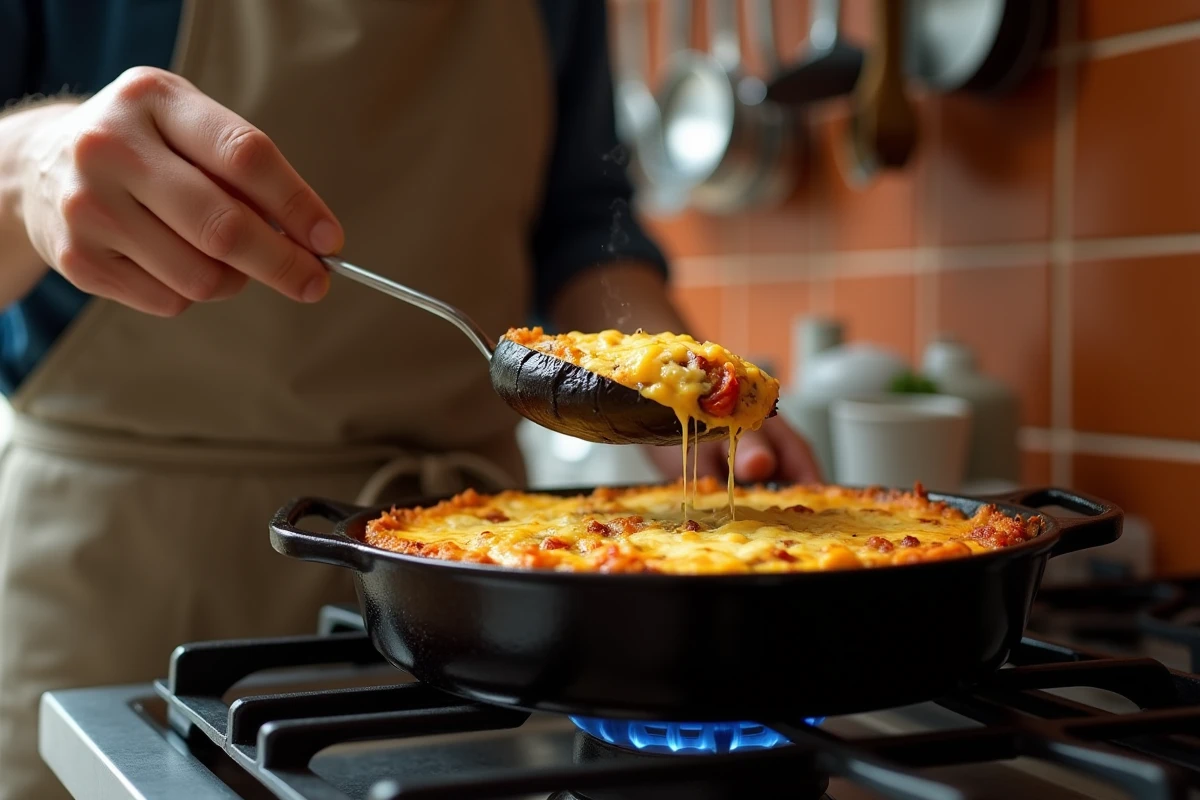 Mains servant une aubergine farcie au fromage gratiné depuis un plat en fonte dans une cuisine familiale