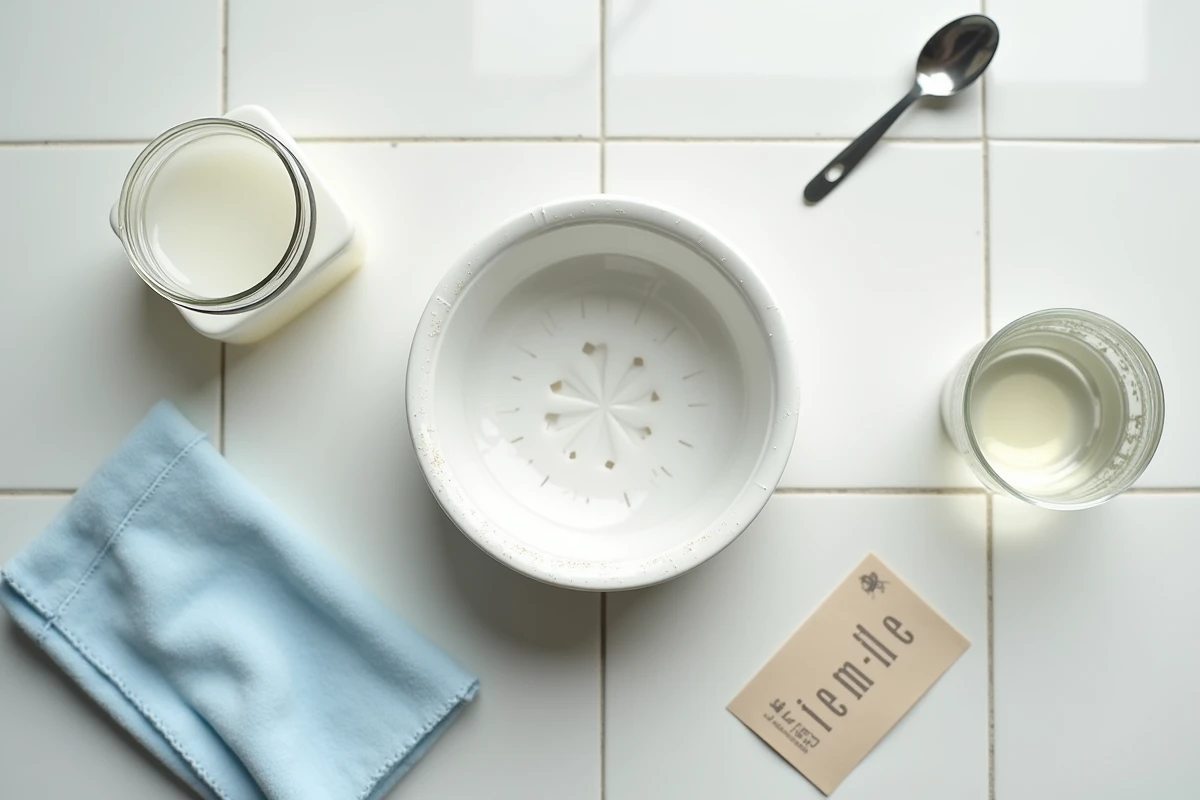 Vue aérienne du bac d'égouttage Nespresso Magimix entartré avec du vinaigre blanc et accessoires de nettoyage