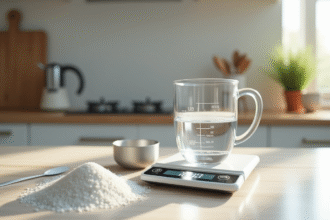 Balance de cuisine avec eau et sucre blanc