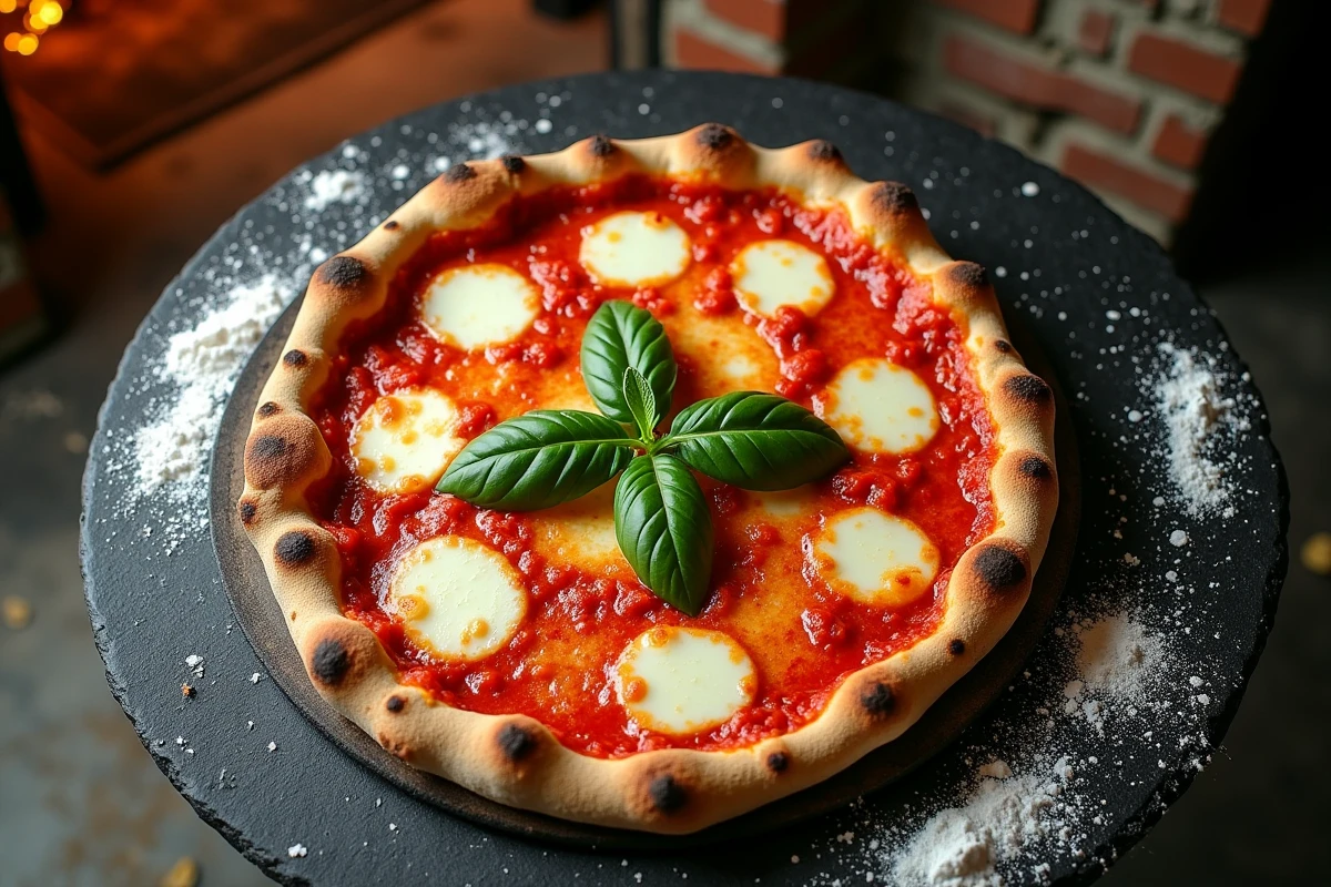 Feuilles de basilic frais disposées sur une pizza Margherita classique juste sortie du four