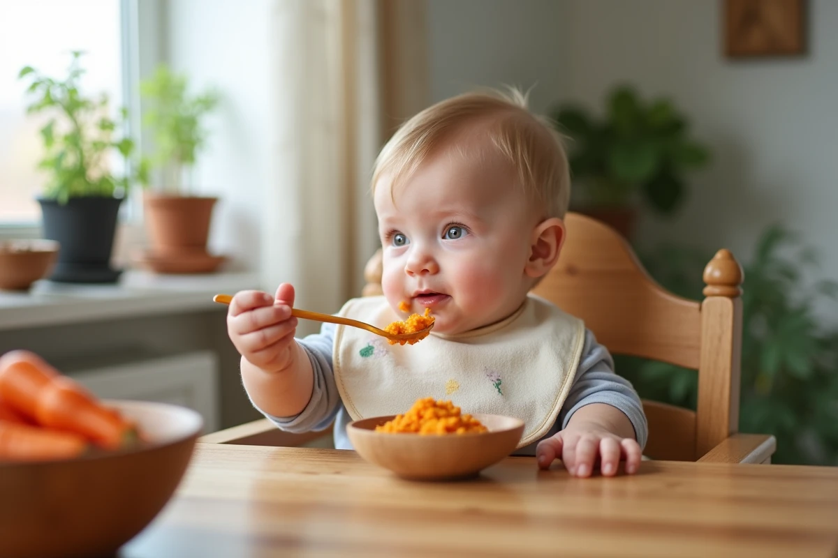 Bébé de dix mois dans sa chaise haute goûtant une purée maison de carotte et patate douce de saison au printemps