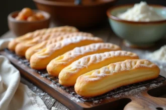 Biscuits cuillère maison dorés posés sur une grille en bois, saupoudrés de sucre glace, dans une cuisine rustique