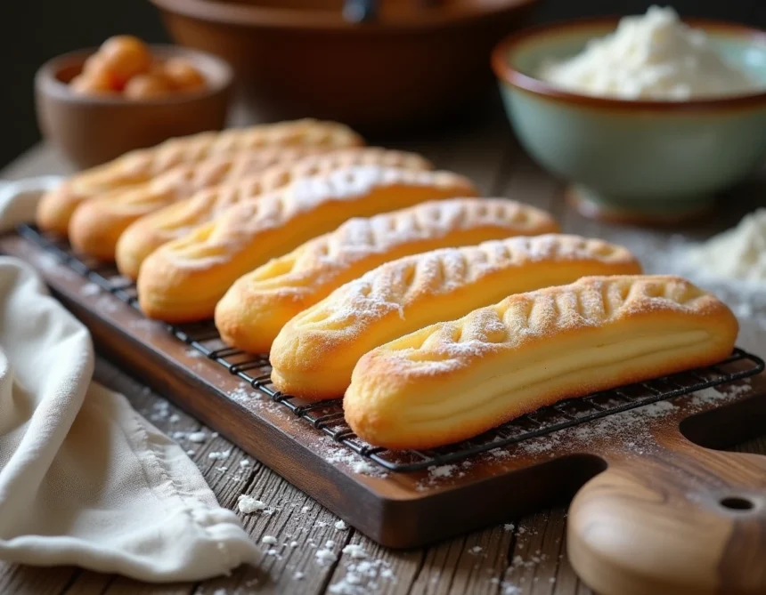 Biscuits cuillère maison dorés posés sur une grille en bois, saupoudrés de sucre glace, dans une cuisine rustique