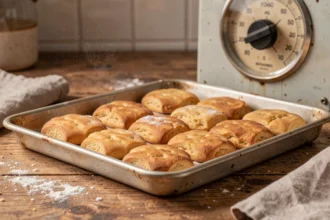 Plateau de biscuits dorés sortant du four à 180 degrés avec thermostat vintage visible en arrière-plan