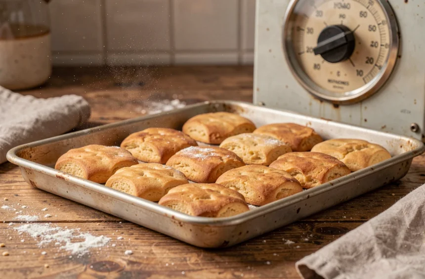 Plateau de biscuits dorés sortant du four à 180 degrés avec thermostat vintage visible en arrière-plan