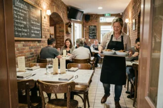 Intérieur d'un bistro abordable près de la gare de Lille avec tables en marbre et ardoise des plats du jour