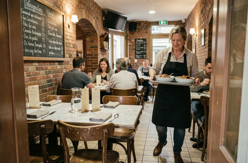 Intérieur d'un bistro abordable près de la gare de Lille avec tables en marbre et ardoise des plats du jour