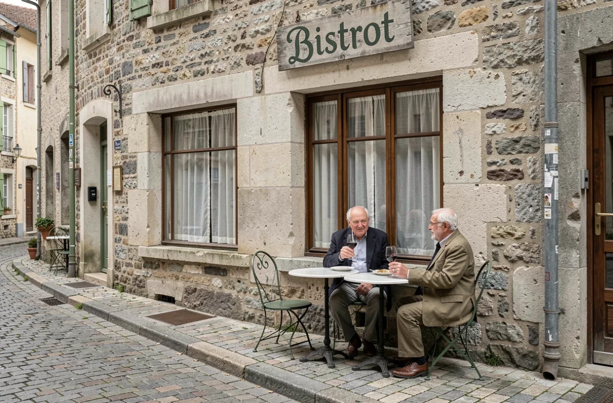 Façade en pierre d'un bistrot de village en Auvergne-Rhône-Alpes hors Lyon avec terrasse en pavés et deux habitués partageant un verre en terrasse