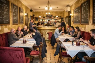 Intérieur typique d'un bistrot lyonnais en Auvergne-Rhône-Alpes avec banquettes rouges, tables en marbre et comptoir en zinc animé