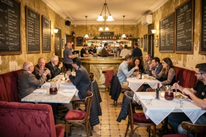 Intérieur typique d'un bistrot lyonnais en Auvergne-Rhône-Alpes avec banquettes rouges, tables en marbre et comptoir en zinc animé