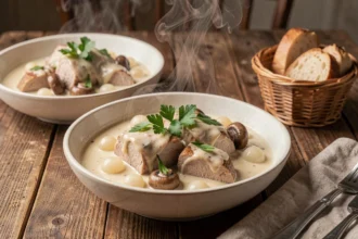 Deux bols de blanquette de veau maison avec sauce crème ivoire, champignons et oignons grelots, servis sur une table en bois rustique
