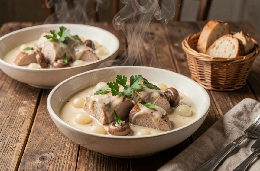 Deux bols de blanquette de veau maison avec sauce crème ivoire, champignons et oignons grelots, servis sur une table en bois rustique
