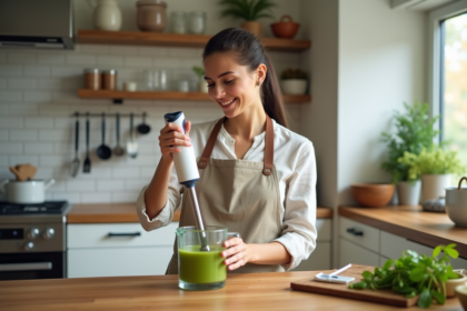 Jeune femme mixant une soupe verte dans une cuisine lumineuse