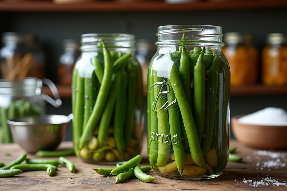 Bocaux en verre remplis de haricots verts blanchis prêts à être congelés sur une table de ferme