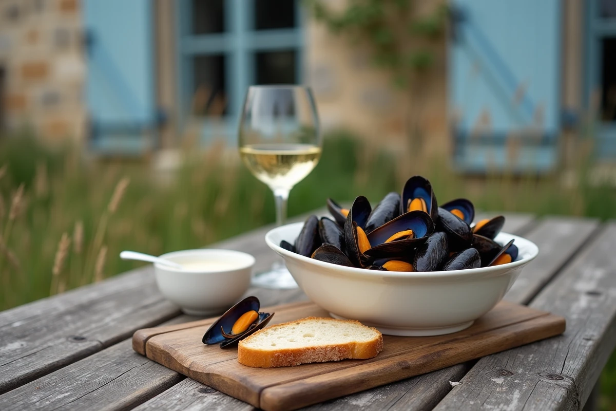 Bol de moules de bouchot cuites servi sur une table en bois rustique en extérieur avec du pain et du vin blanc