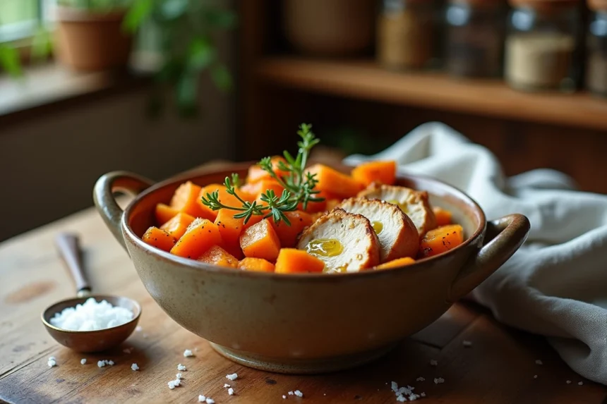 Bol en céramique rustique avec patate douce rôtie et poulet émincé garni de thym frais sur une table en chêne