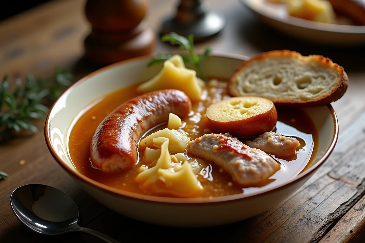 Bol de potée généreuse en gros plan avec saucisse fumée, pommes de terre et bouillon ambré servi sur une table en chêne