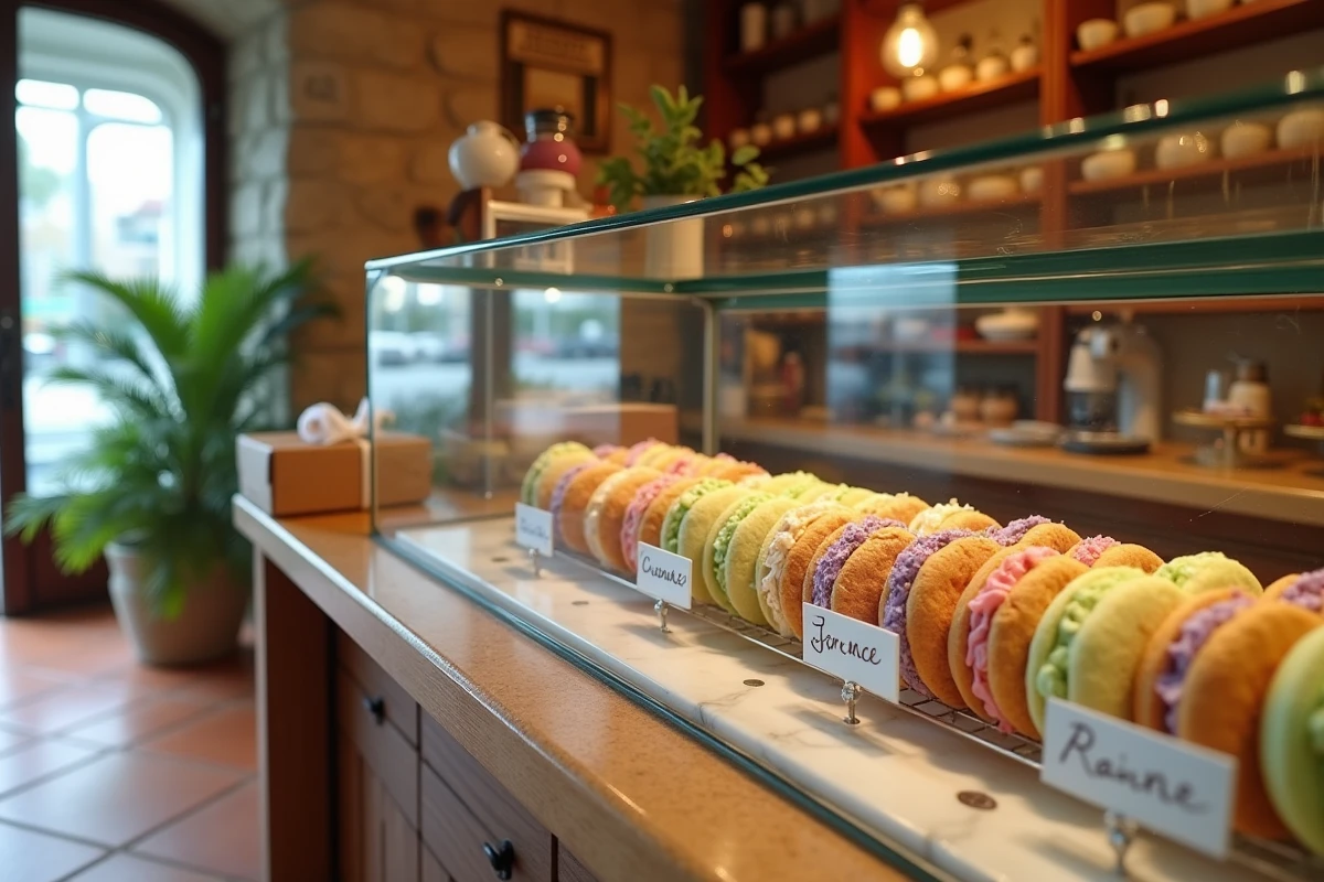 Boulangerie artisanale française avec vitrine de gros cookies décorés aux couleurs pastels, alternative locale aux boutiques Crumbl Cookie inexistantes en France