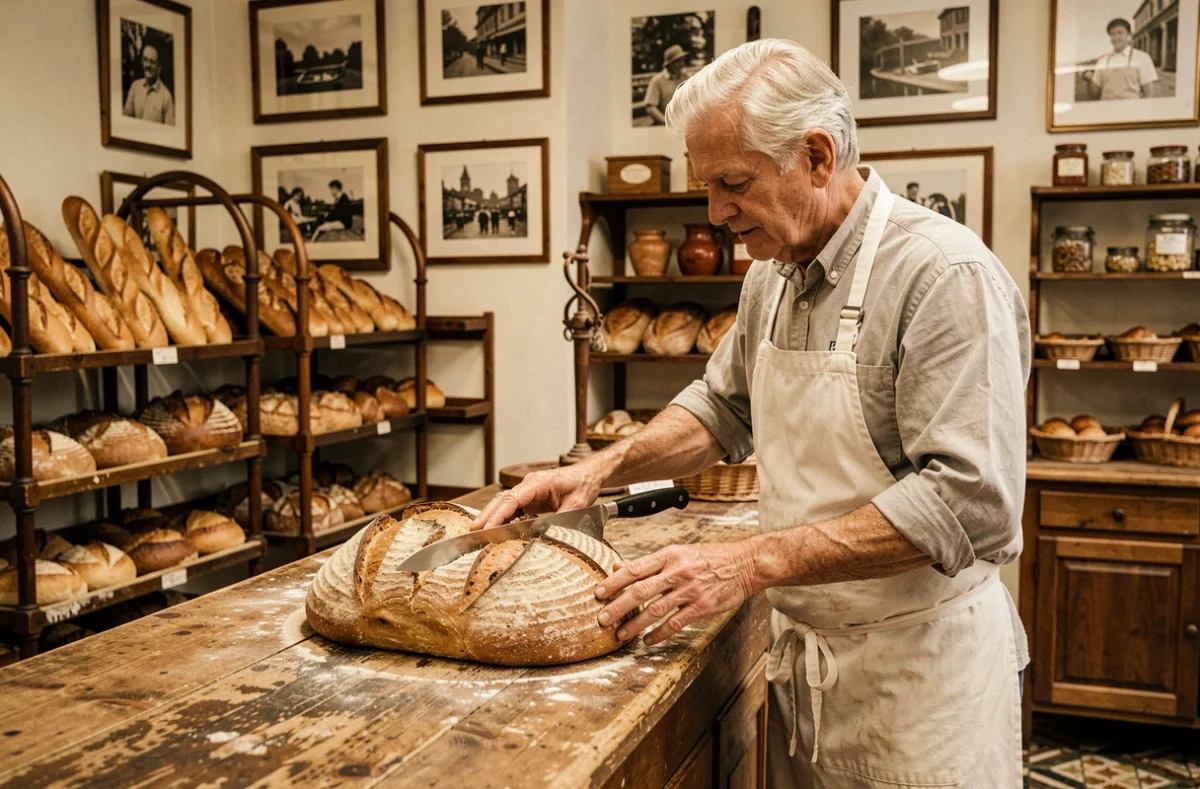 Boulanger de la Boulangerie Caudron à Arras découpant un pain de campagne rustique derrière le comptoir