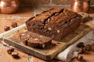 Brownie fondant aux marrons coupé en tranche sur une planche en bois rustique, révélant une texture dense et moelleuse avec des morceaux de châtaignes