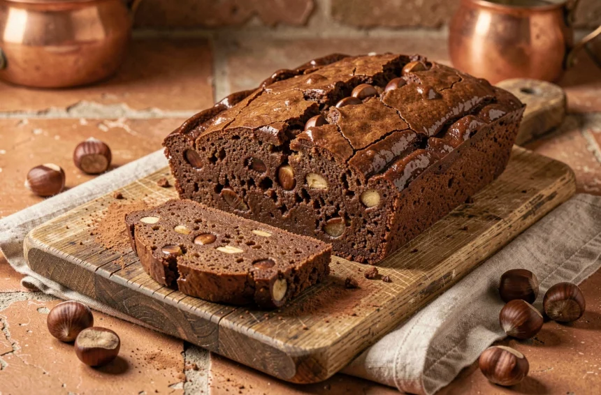 Brownie fondant aux marrons coupé en tranche sur une planche en bois rustique, révélant une texture dense et moelleuse avec des morceaux de châtaignes