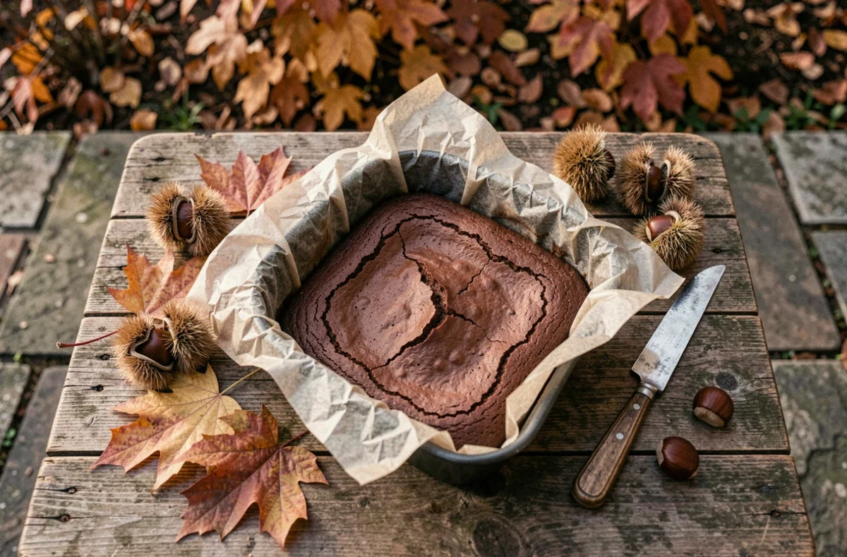 Brownie aux marrons entier dans son moule chemisé de papier sulfurisé, entouré de châtaignes et de feuilles d'automne sur une table en chêne rustique