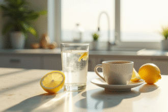Verre d'eau citronnee cafe noir sur plan de travail lumineux