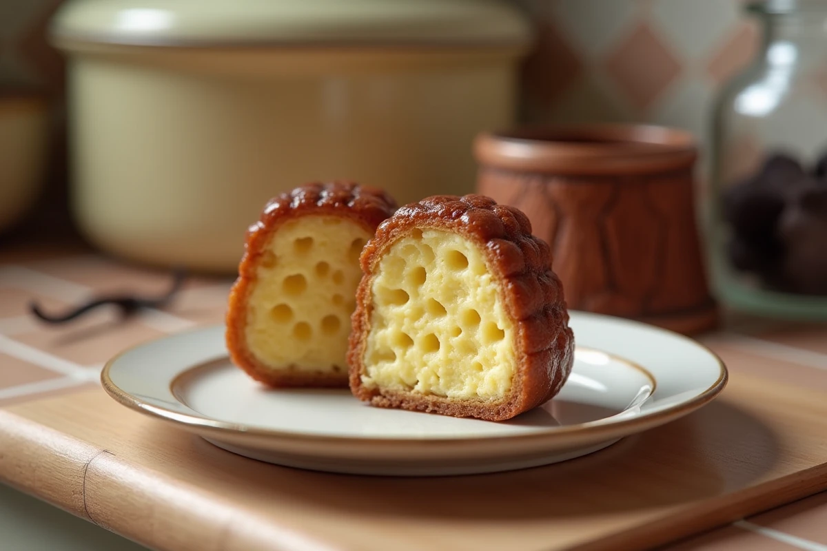Canelé bordelais coupé en deux révélant l'intérieur moelleux jaune avec moule en cuivre traditionnel en arrière-plan